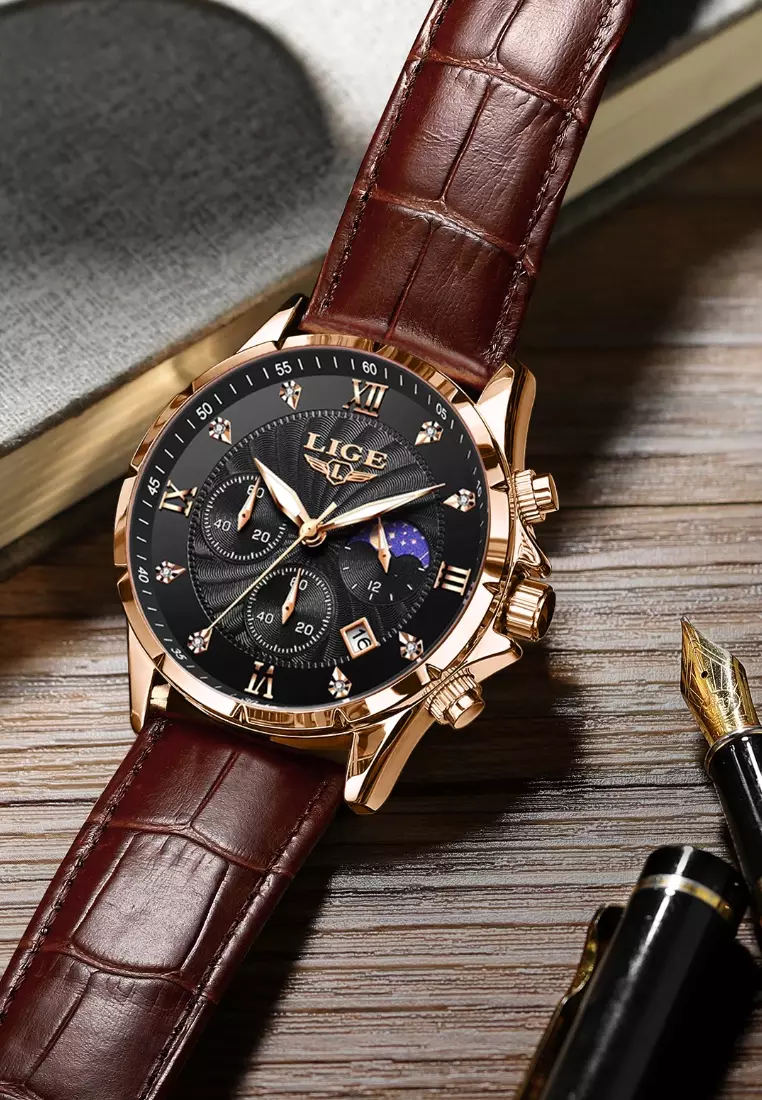 Chronograph Unisex IP Rose Gold color Stainless Steel Quartz Watch, Black dial, Brown Leather Strap