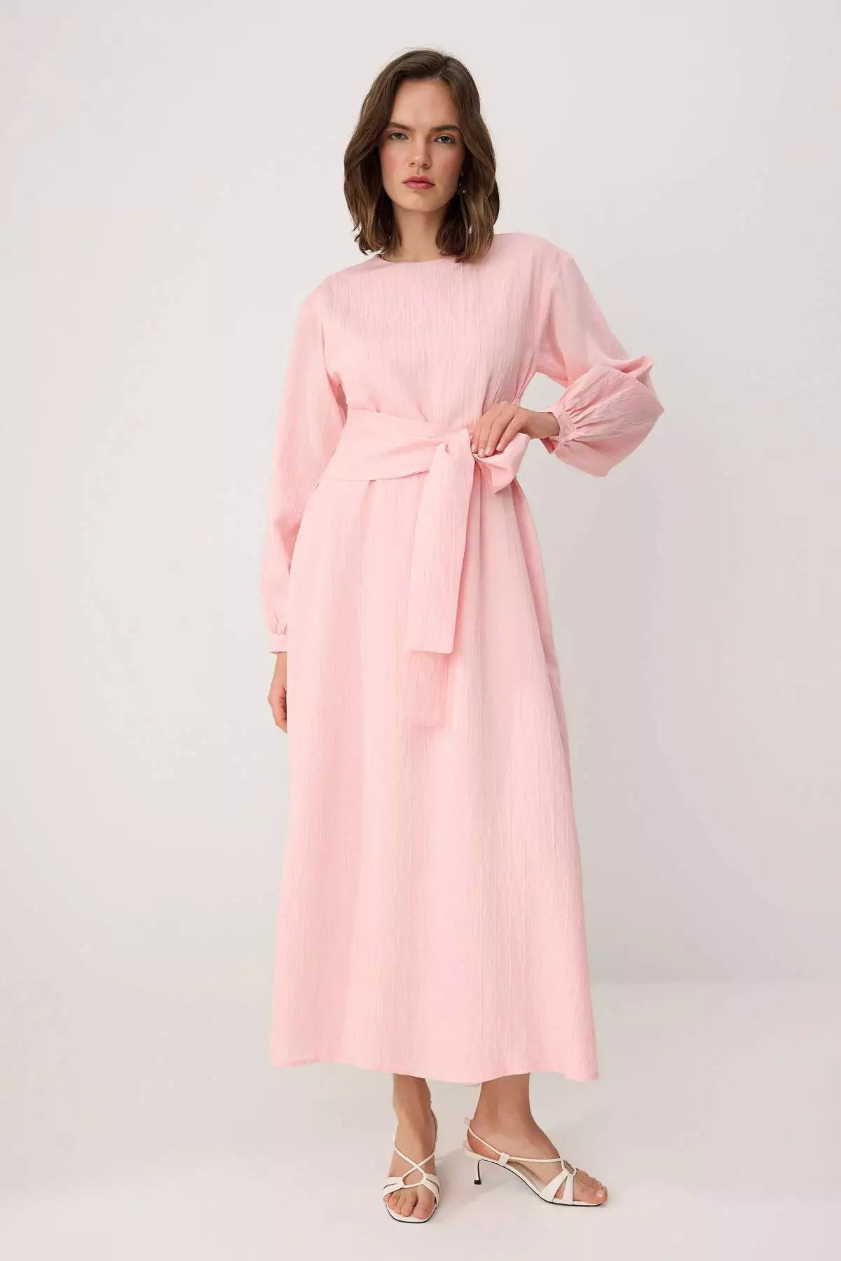 light pink dress with hijab Muslim Women High Neck Elastic Waist Satin Abaya Dress
