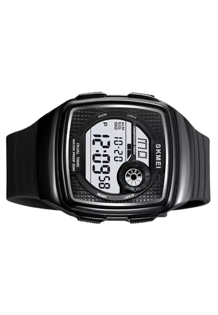 Jam Tangan Digital Pria Alarm EL Light Material TPU Waterproof WB08 Black White - ORIGINAL