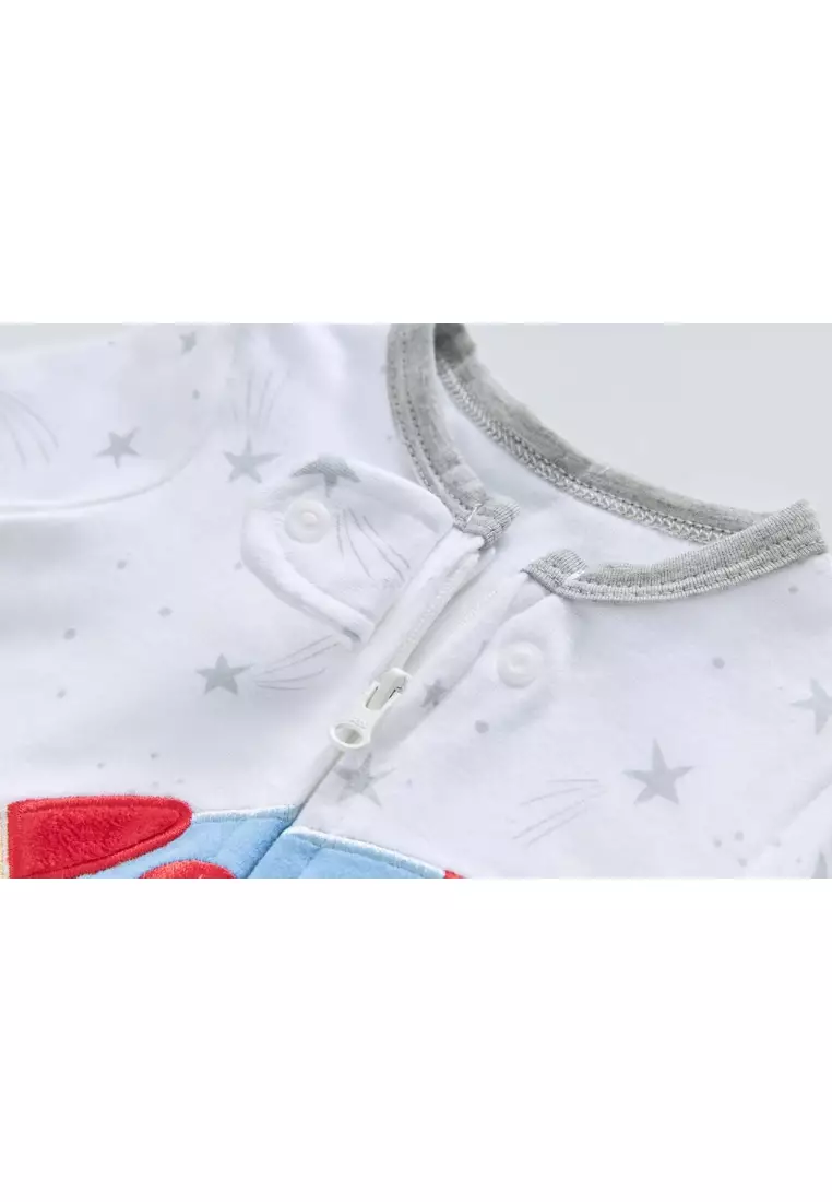 嬰兒男孩棉質連體睡衣 白色星星挖掘機 雙向拉鏈 連體衣