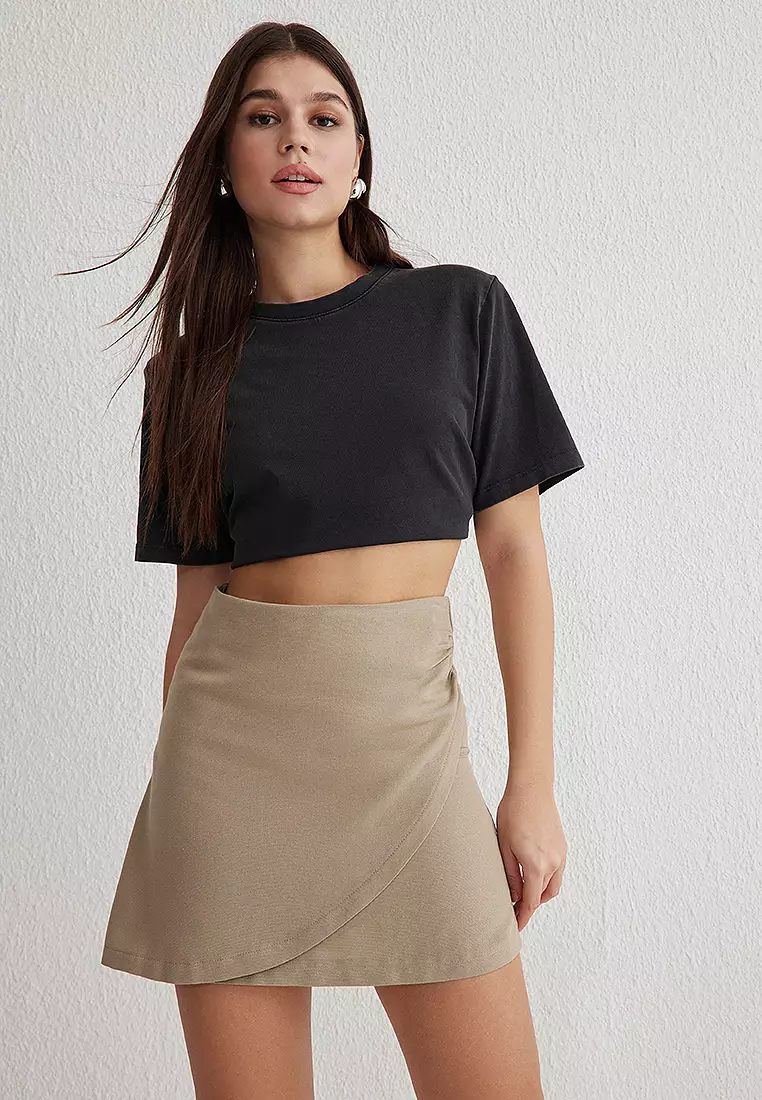 Grey Linen Look With Gathered Detail Mini Size Weaving Skirt