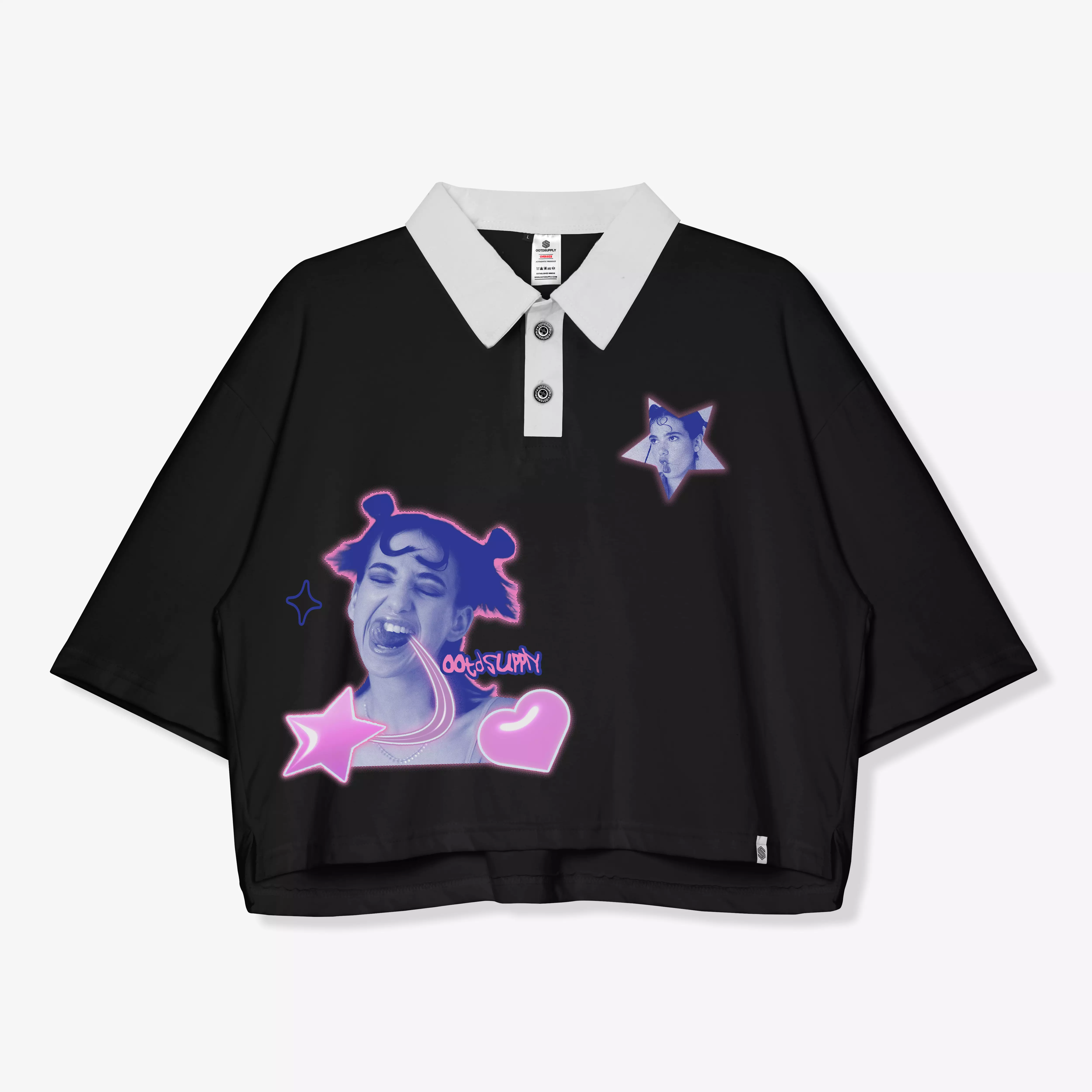 OOTDSUPPLY Oversize Polo Crop Shirt Lady Verse Black l Polo Crop Pria dan Wanita OVZ-CPS002