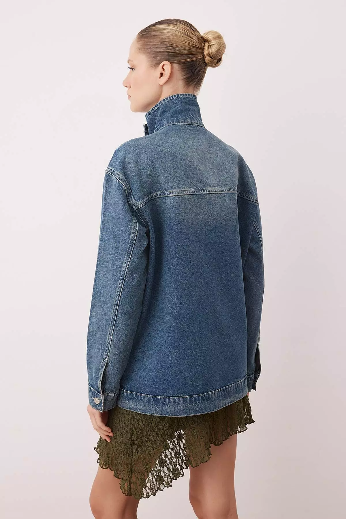 Blue Double Breasted Closure Stand Collar Denim Jacket Twoaw26Ce55