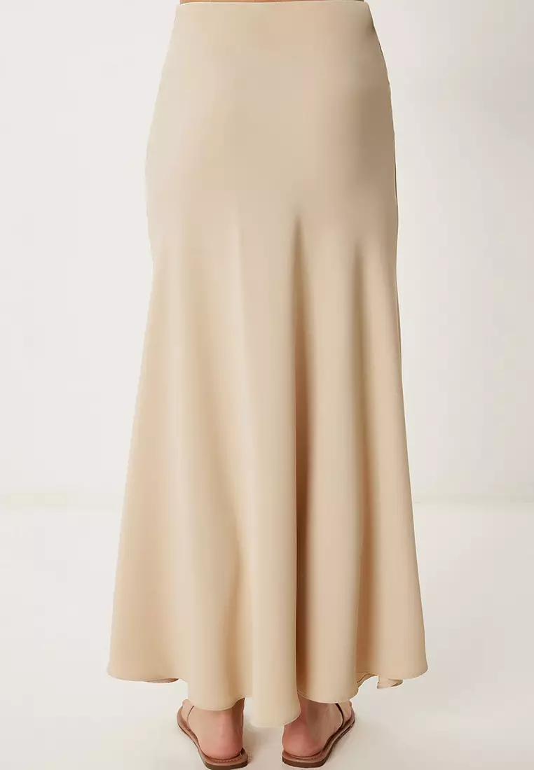 Women's Beige A-Line Draped Long Woven Skirt Gk00019