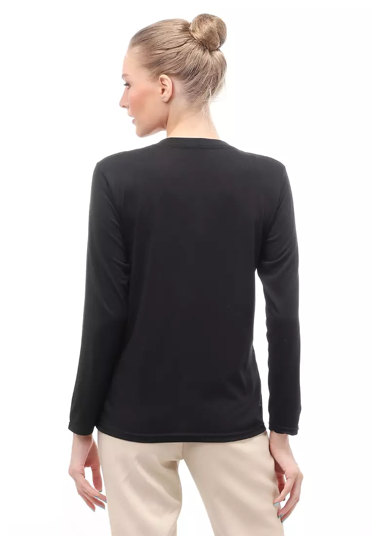 Kaos Polos Atasan Wanita V-Neck Lengan Panjang Design Simple Relaxed Fit - Hitam