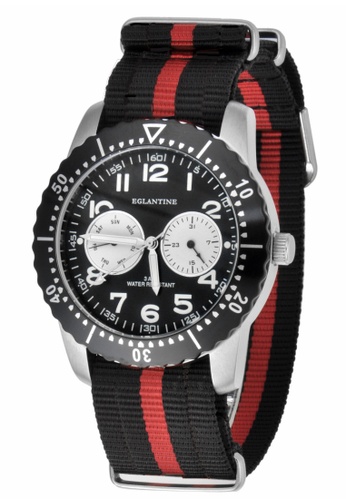 EGLANTINE silver EGLANTINE® Terrenz Unisex Steel Quartz Watch Black Dial on Black/Red NATO Strap 03A7FAC28651E5GS_1