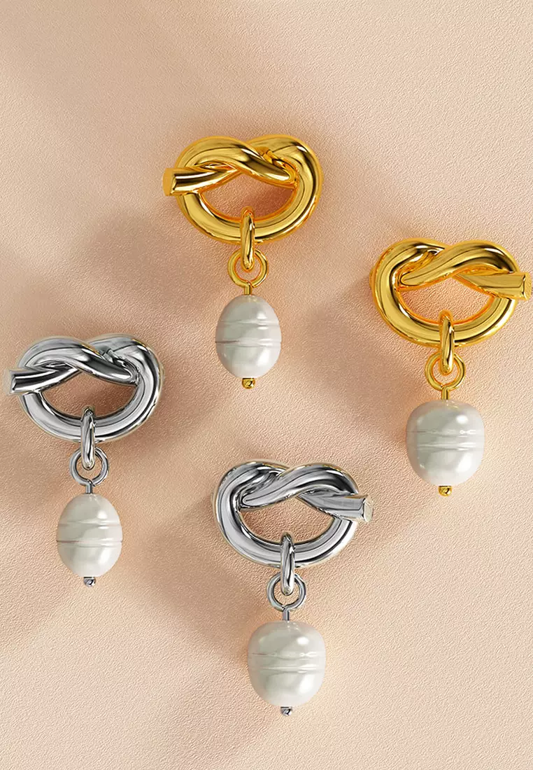 Forever Knot White Gold Layered Pearl Earrings