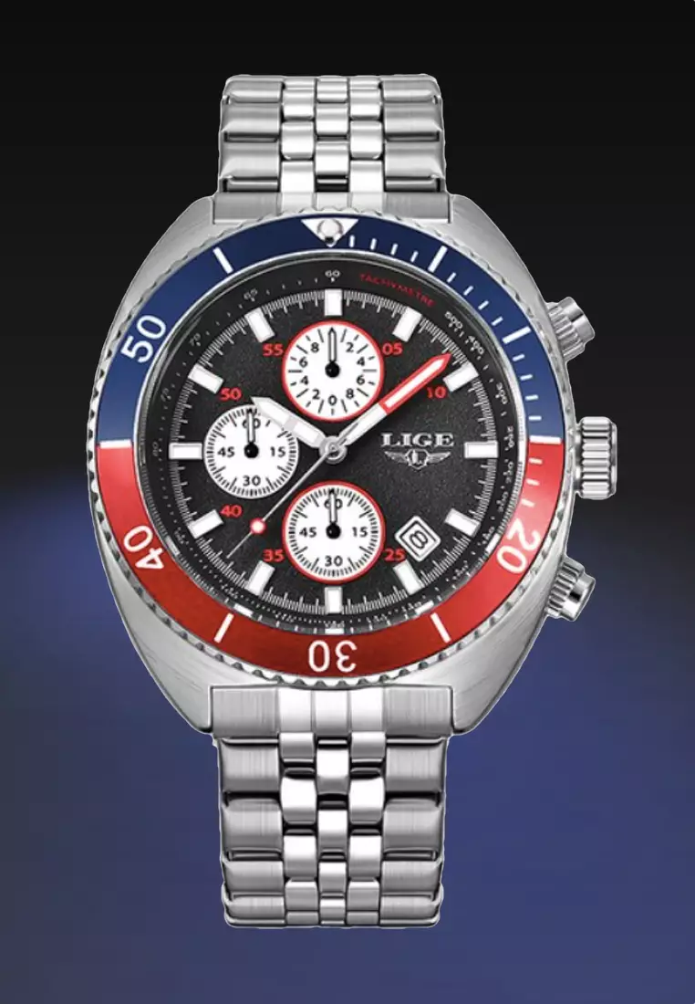 Unisex Chronograph Diver's Stainless Steel Quartz Watch with turning Bezel on Steel Bracelet