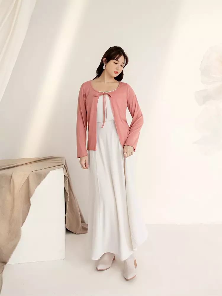 Elastic striped tie-front long-sleeve overlay top [EA3663]