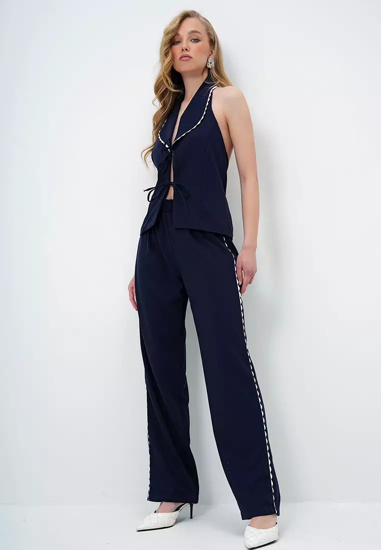 Jual Alacati Women's Navy Blue Scallop Ribbed Backless Woven Vest And ...