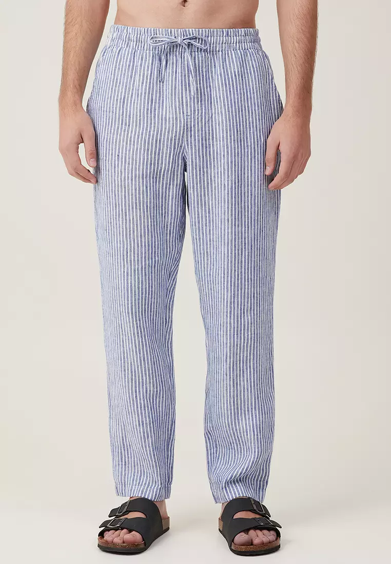 Jack & Jones Premium linen vertical stripe pants with drawstring waist