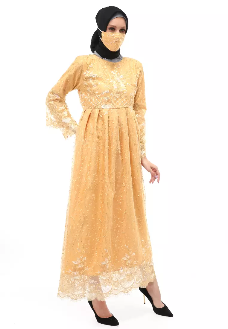 Araya Gamis Tulle Wanita Muslimah Long Dress Regular Fit - Gold
