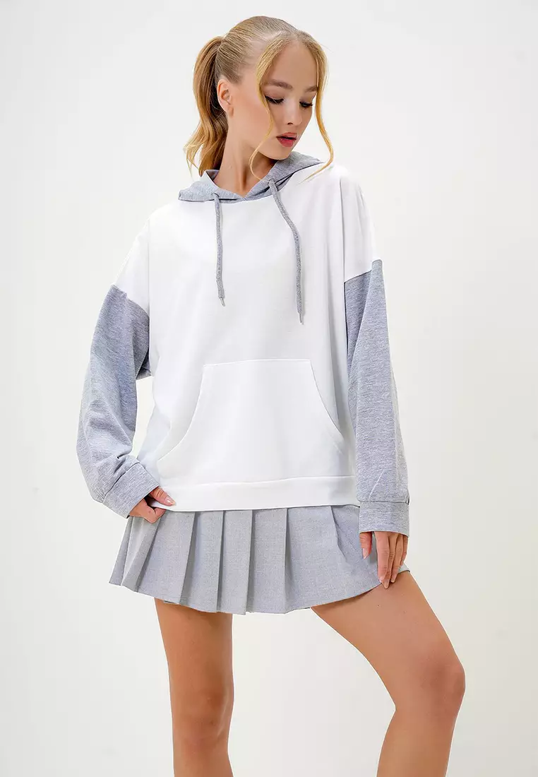Women's Ecru Brandy Color Block Oversized Hoodie / Sweatshirt Alc-X4977