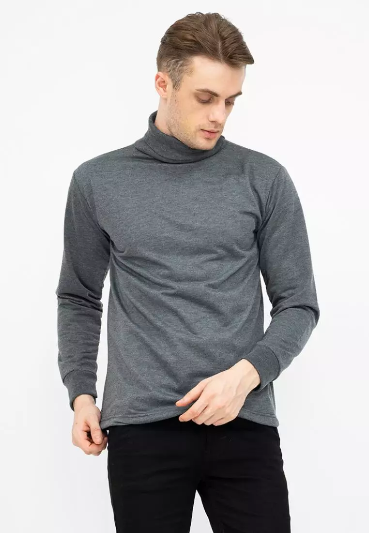 Turtle Neck pria lengan panjang abu tua kaos kerah tinggi slim fit houseofcuff