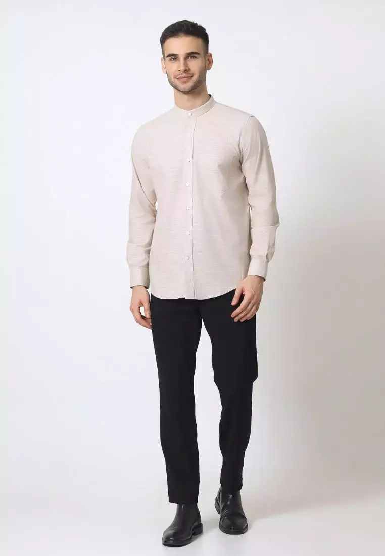 Cotton Well Moeen Shirt Khaki | Kemeja Koko Oxford Slub Lengan Panjang Cream
