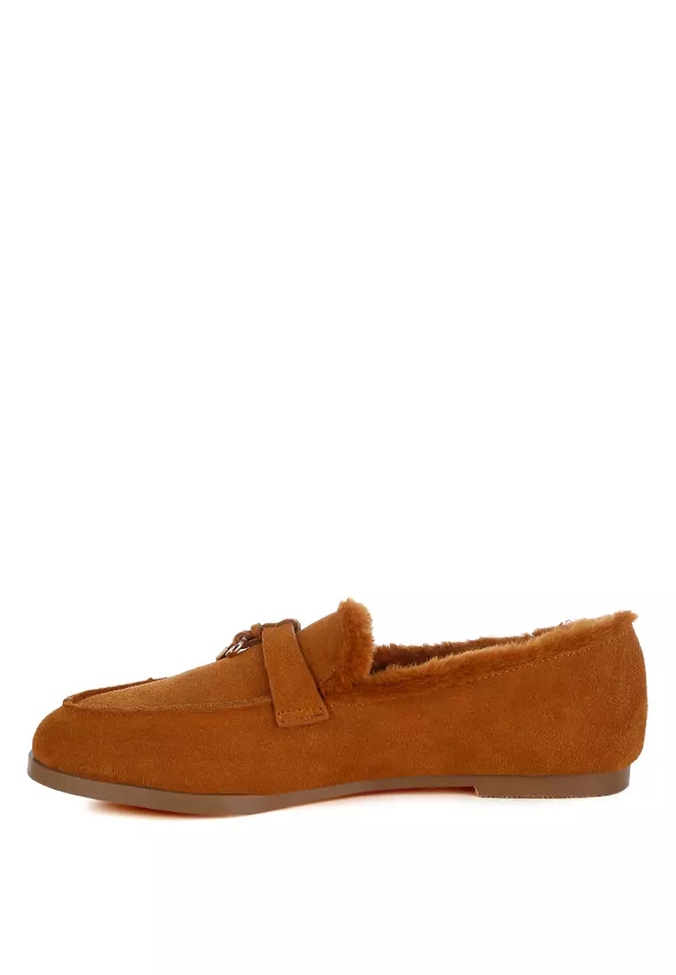 Suede & Faux Fur Flat Loafers In Tan