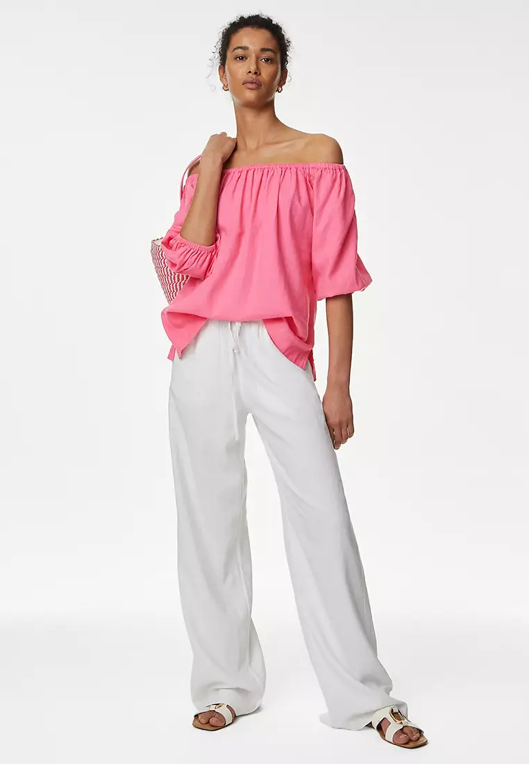 Linen Rich Bardot Puff Sleeve Blouse