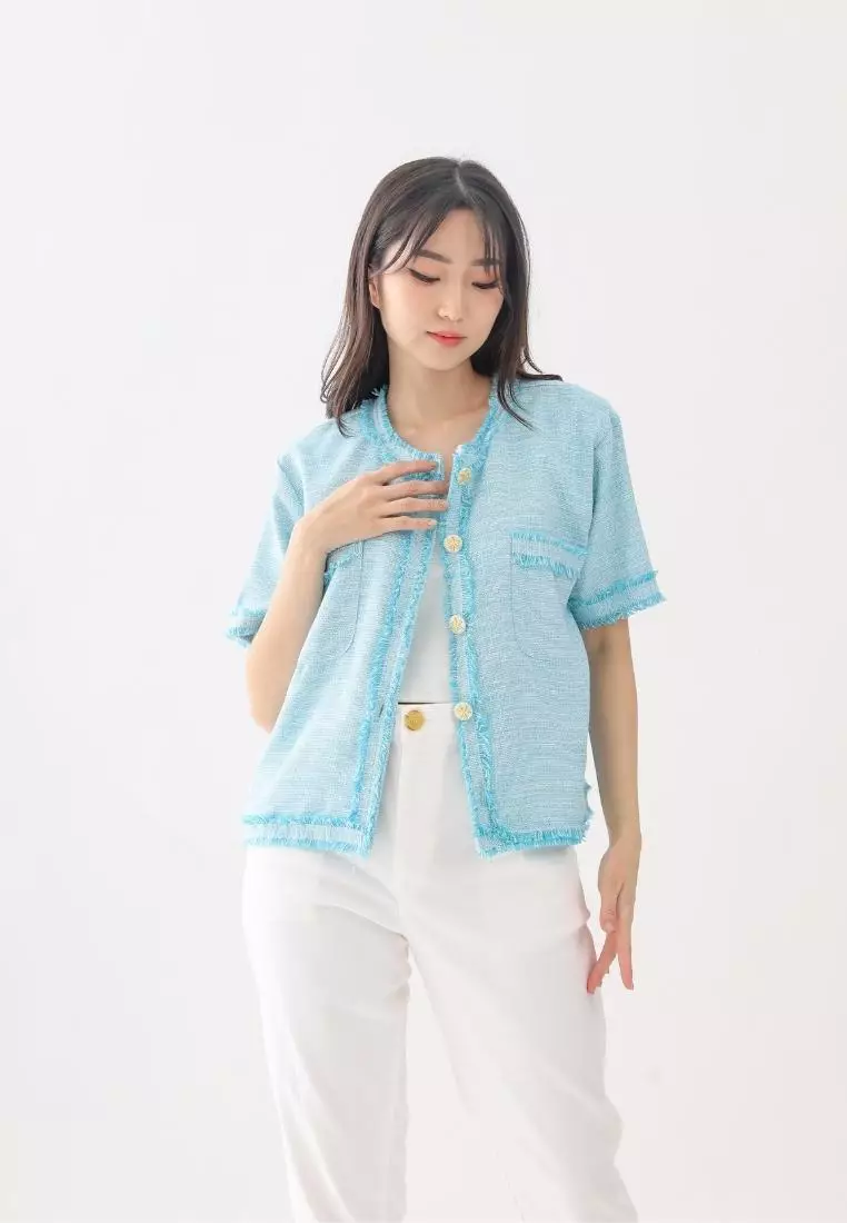 Yoona Tweed Top Tiffany Blue