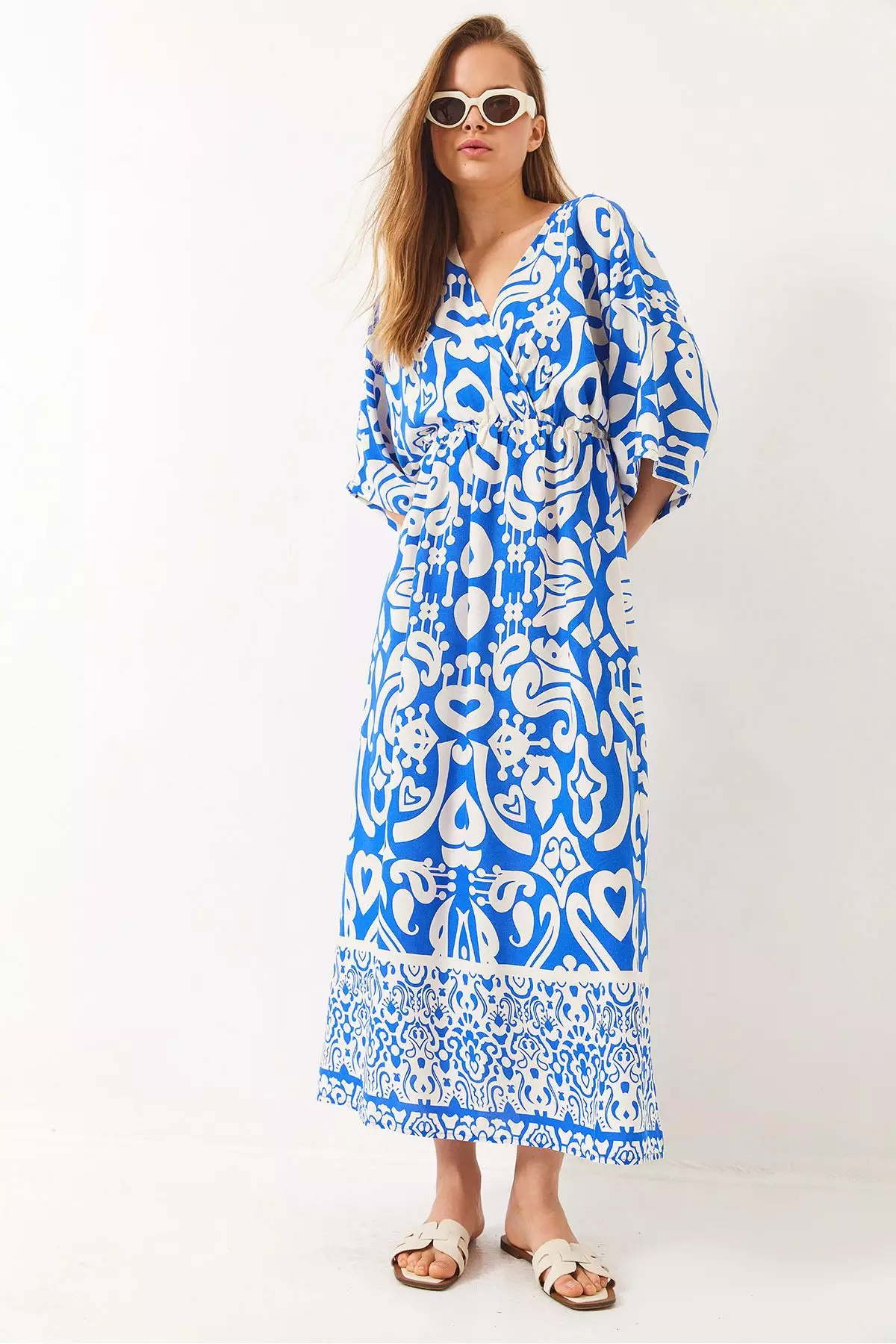 Women's Double Breasted Collar Patterned Slit Detail Woven Viscose Dress 60284018