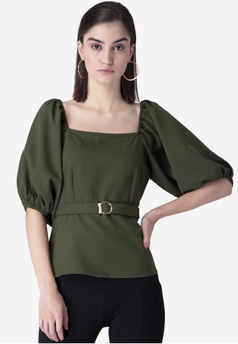 FabAlley green Puff Sleeves Belted Blouse A8949AAF5B5A46GS_1