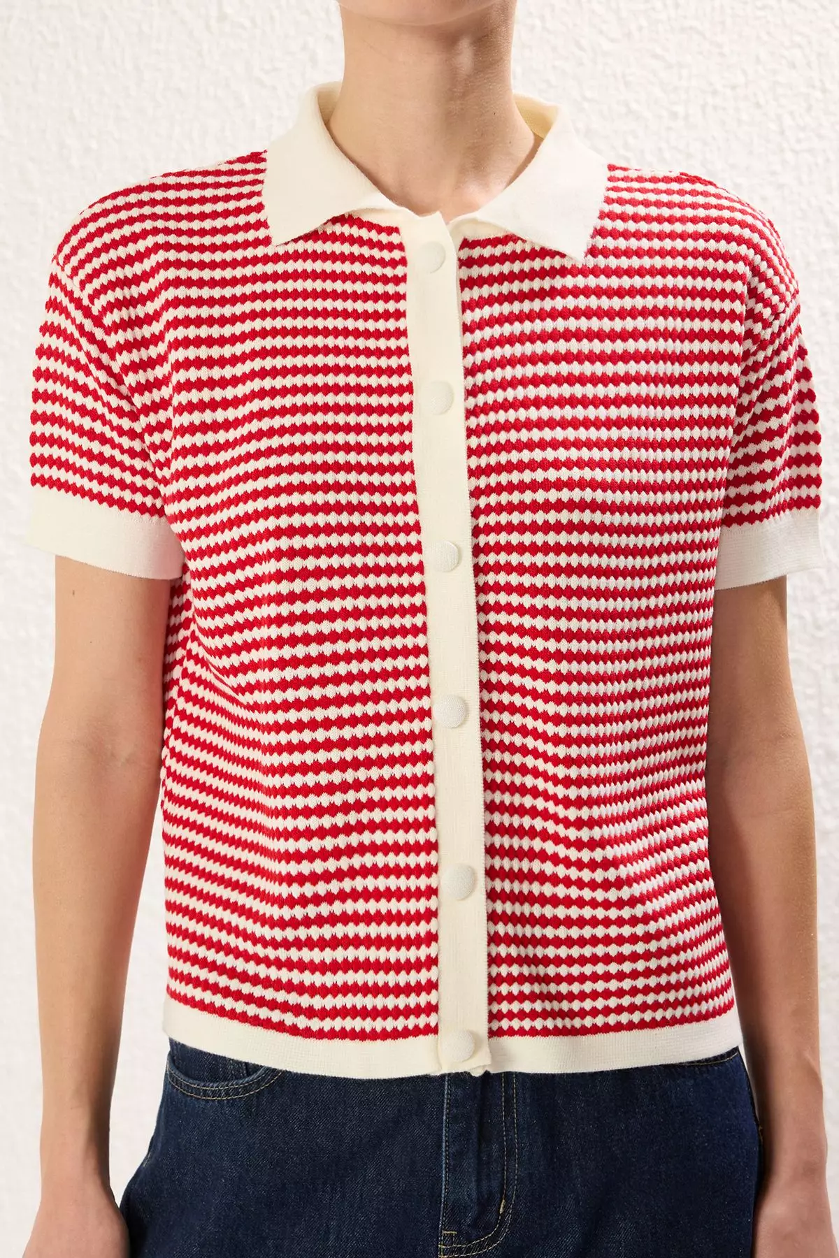 Red Polo Collar Striped Blouse Twoss25Bz00183