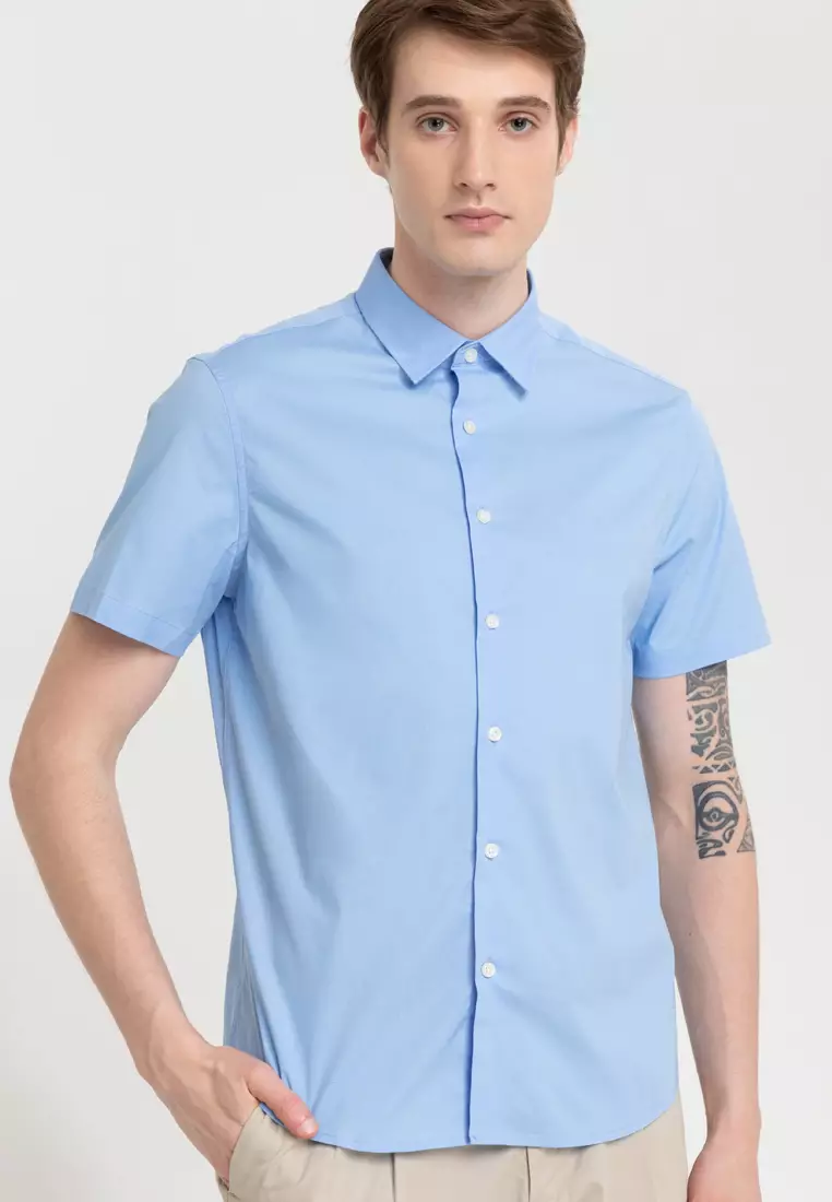 Woven Short Sleeves Casual Poplin Stretch