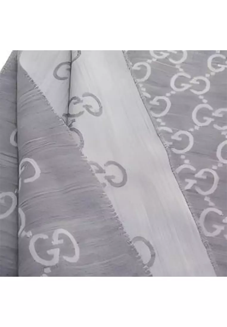 GG Logo Wool Silk Scarf in Grey 165904 3G646
