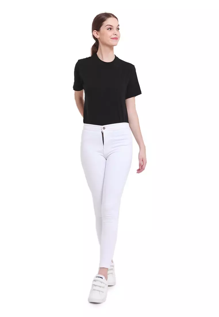 Celana High Waist Skinny Plain Jeans Bawahan Wanita Premium Quality - White