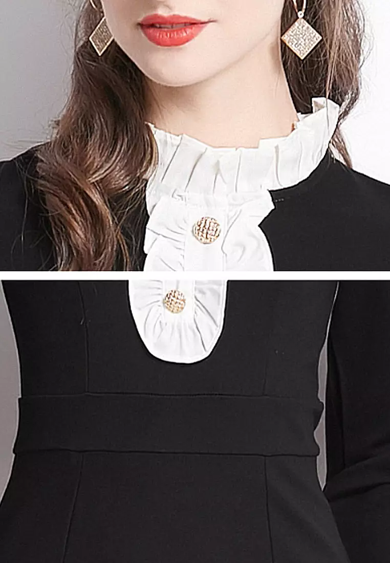 撞色拼接花瓣領黑色長袖連衣裙CA100525