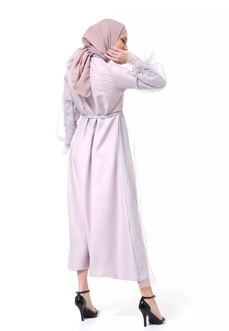 Varsha Dress Wanita Long Sleeve Motif Polos Polkadot High Quality - Silver Mauve