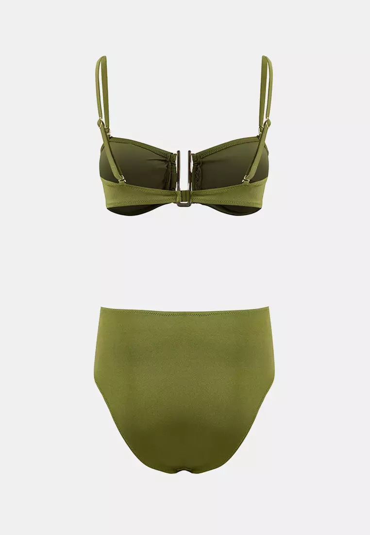 Khaki Strapless Covered Accessory Detailed High Waist Regular Bikini Set Tbess26Bt26