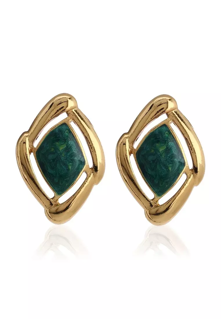 Gold With Green Enamel Earrings