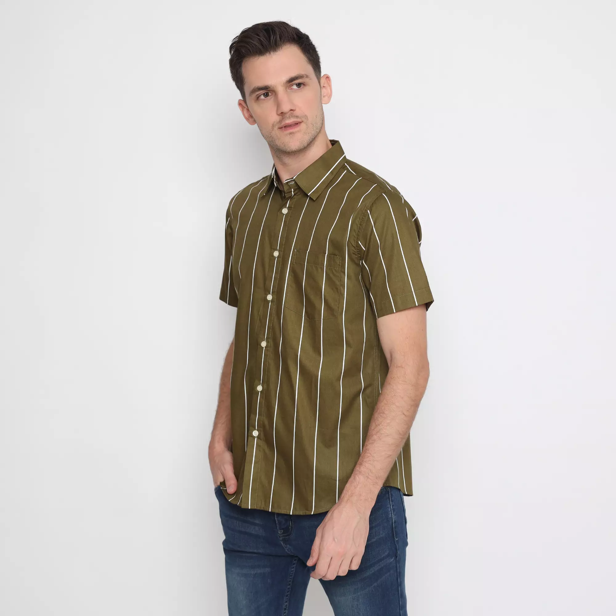 Platini Kemeja Salur Pria Lengan Pendek Katun Hijau 73424