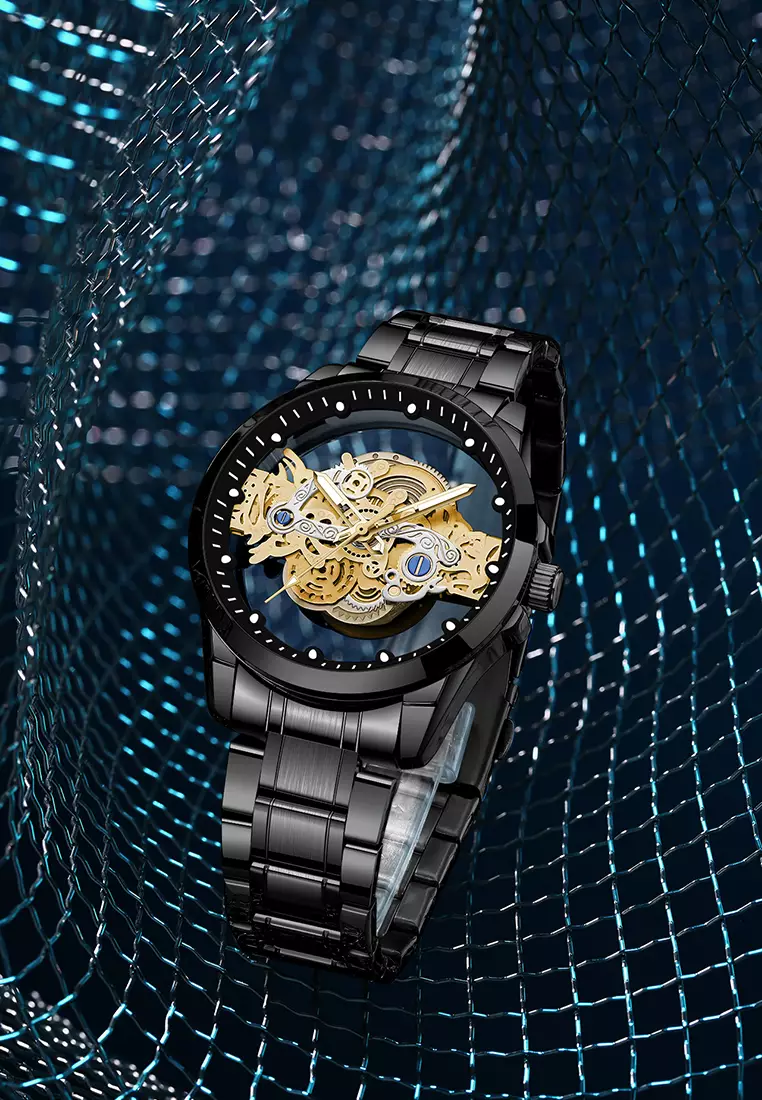 Jam Tangan Pria HD Luminous Function Hollow Dial Tali Stainless Steel Anti Air Jam Tangan Cowok black