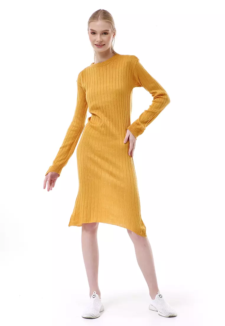 Adela Dress Rajut Tunik Wanita Motif Polos Long Sleeve Relaxed Fit - Mustard