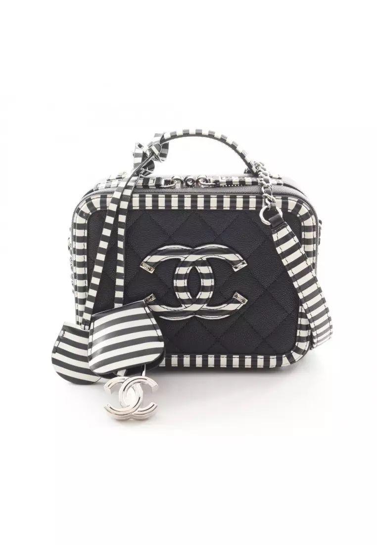 Pre-Loved Chanel CC filigree Small vanity bag chain shoulder bag Stripes Caviar skin black white silver hardware 2WAY
