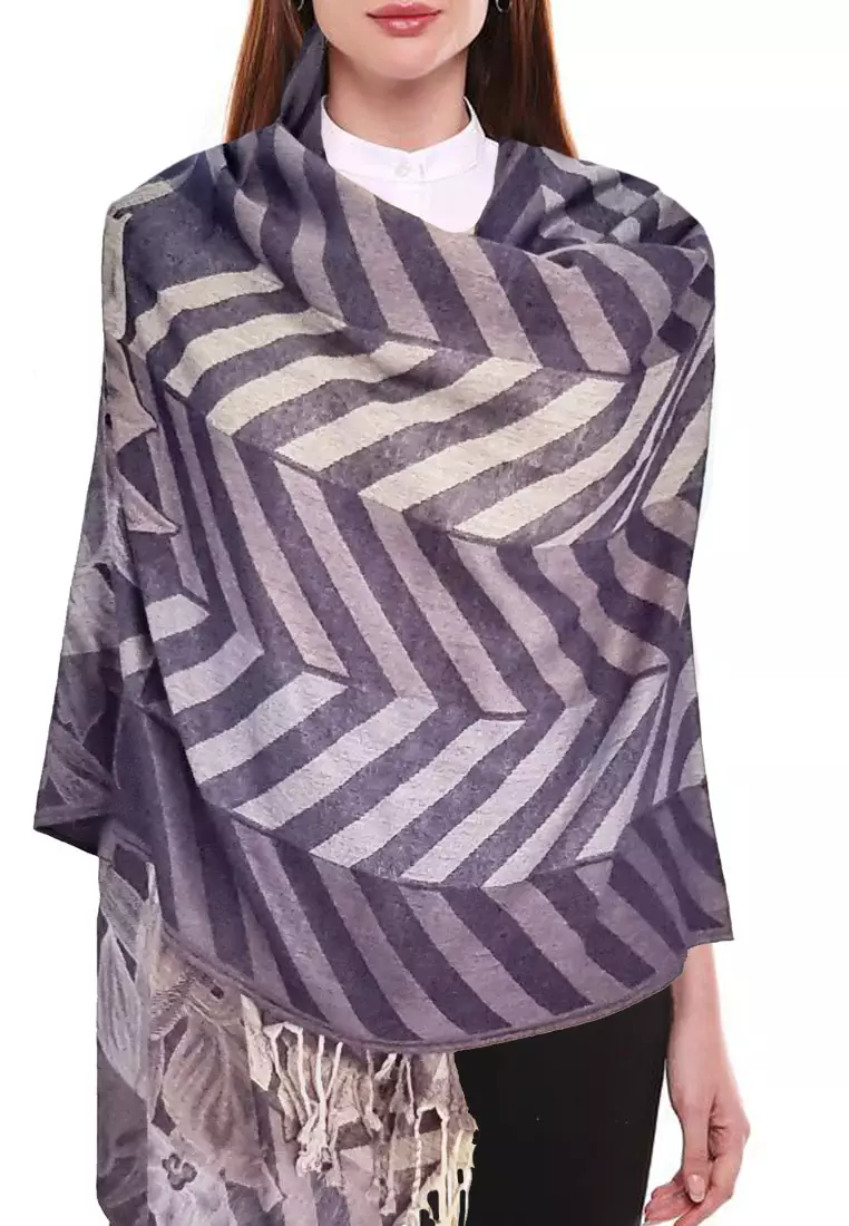 Aksesoris Wanita Viscose Zig Zag Flora Pattern Pashmina Shawl Syal Wanita Blue Denim