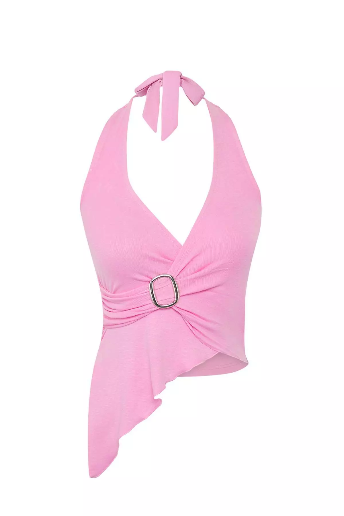 Light Pink Straight Halter Neck Sleeveless Knitted Viscose Single Jersey Party Blouse Tprss25Bz00048