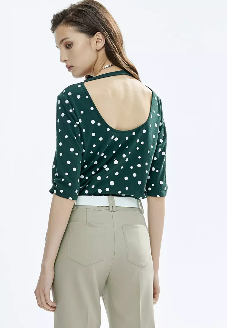White Dotted Print Green Top