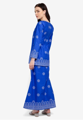 Buy Cotton Modern Kurung With Songket Print (Tabur) from Kasih in Blue and Silver at Zalora