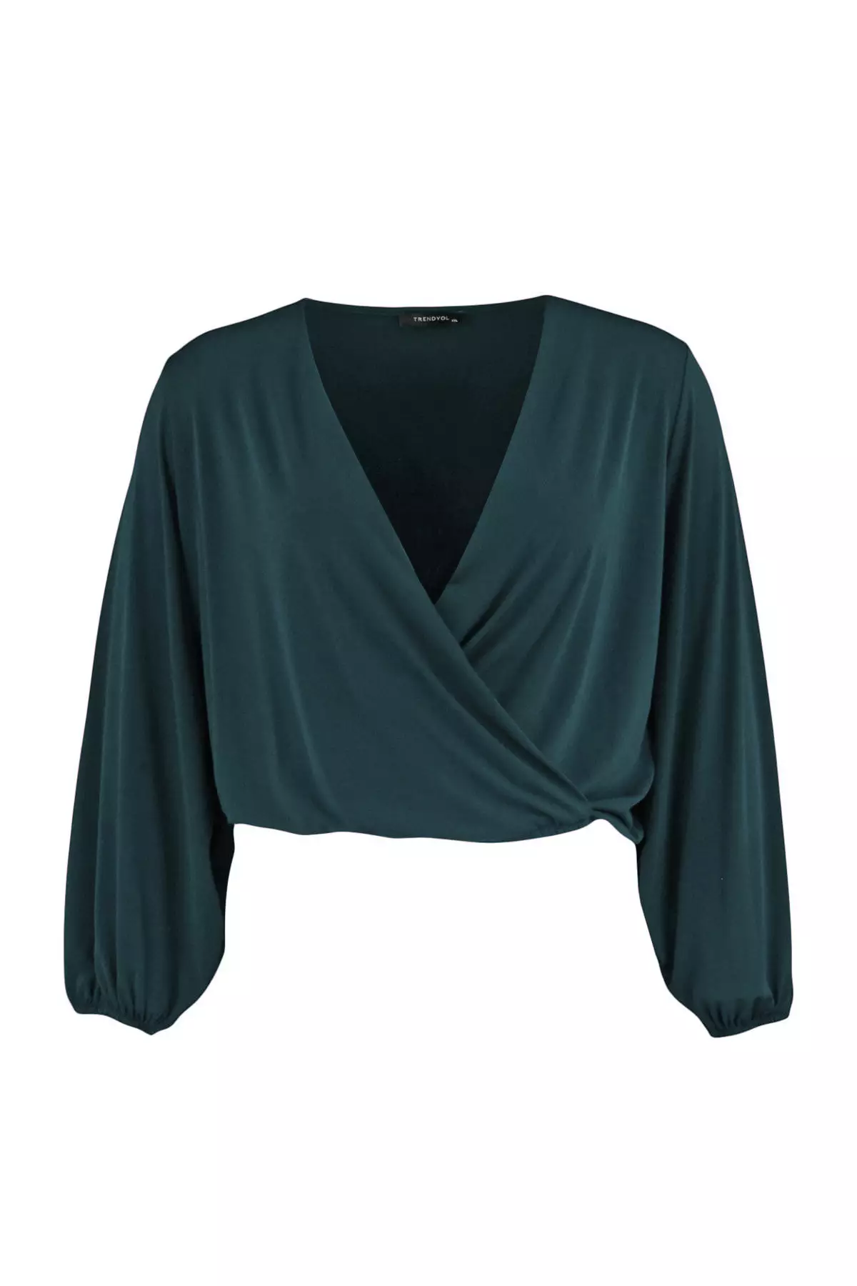 Green Balloon Sleeve Double Breasted Neckline Knitted Crop Blouse Tbbaw23Af00029