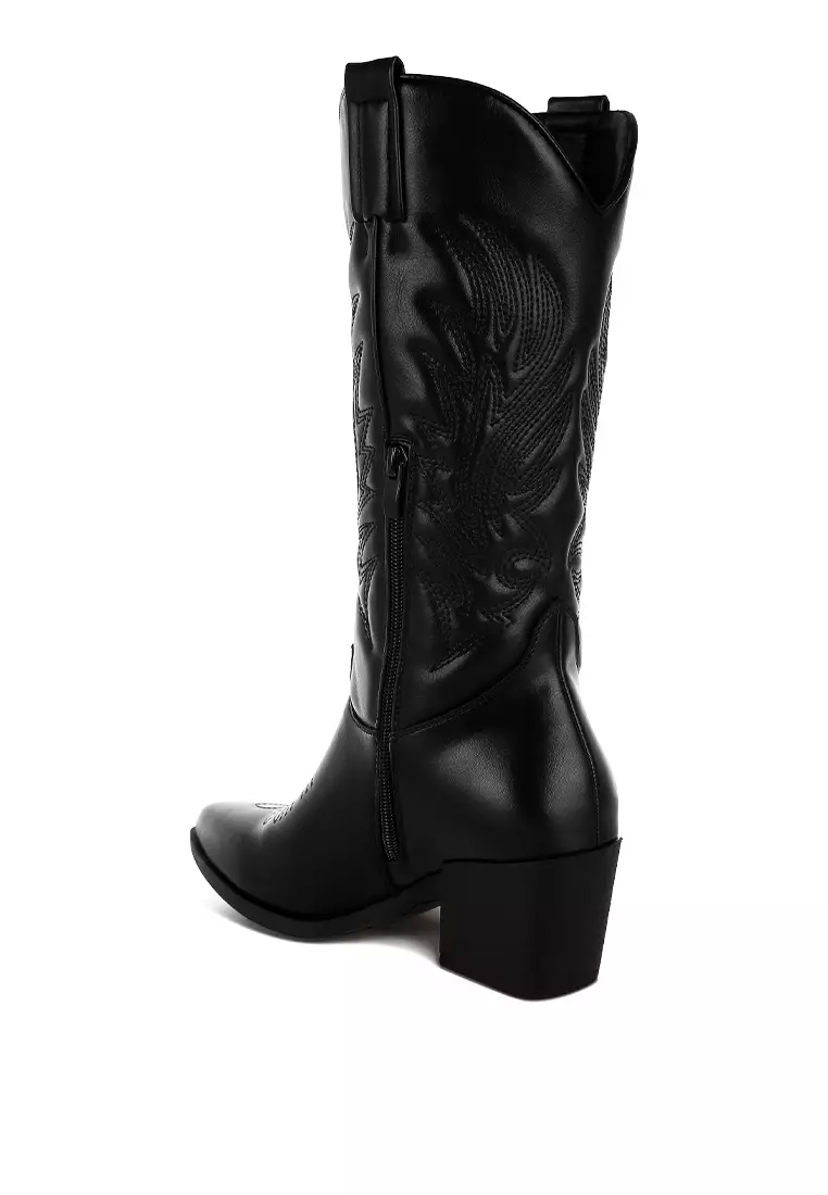 Faux Leather Long Cowboy Boots in Black