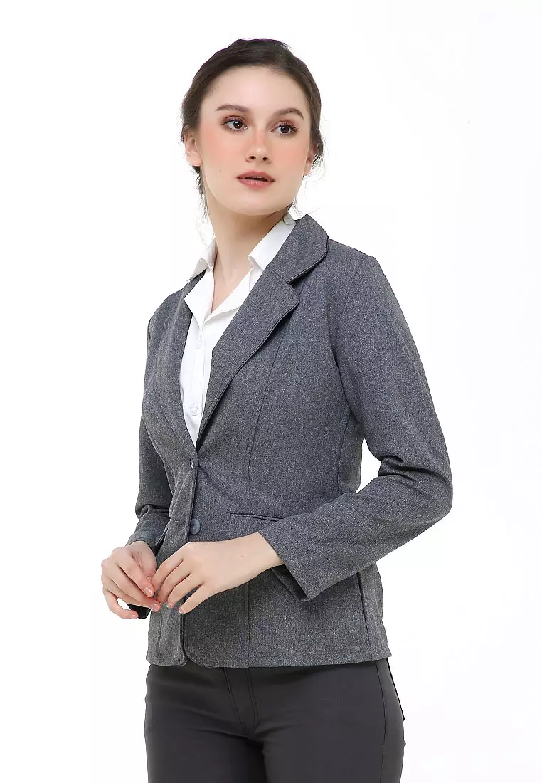 Qemsya Jas Blazer Wanita Premium Formal Longsleeve Suit Material Polyester ORIGINAL - Gray
