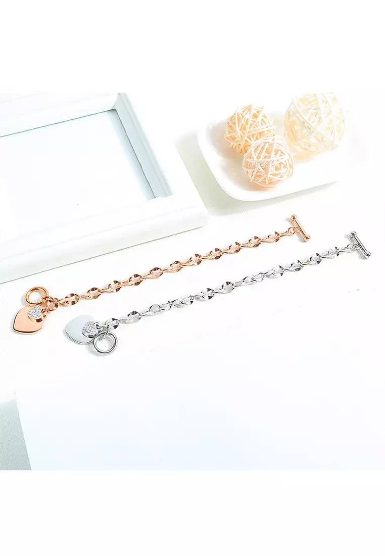 YOUNIQ MOET Titanium Steel Chain Bracelet with Heart Cubic Zirconia Stone Dangle - Silver