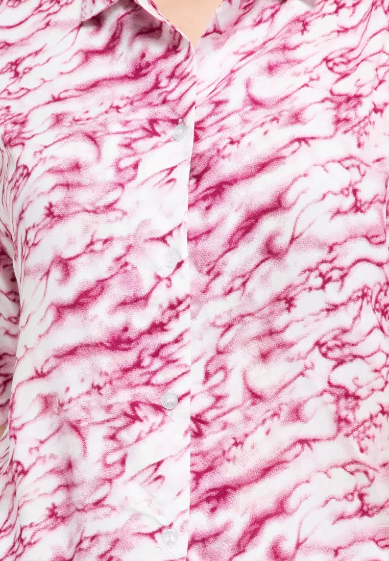 Nade FTA37 VCS Ladies kemeja rayon tie dye marmer kerah 2-in-1 kemeja piyama wanita maroon