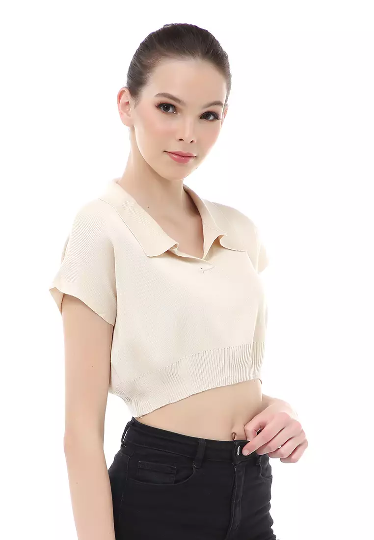 Albertine Atasan Crop Wanita Lengan Pendek Blouse Kerah Material Rajut ORIGINAL - Cream