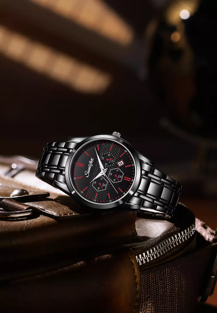 Jam Tangan Pria 9035 Analog Kalender Santai Tali Stainless Steel Jam Tangan Cowok  red