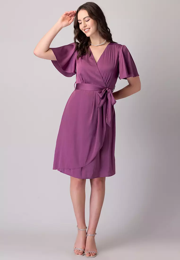 Pink Flared Sleeve Wrap Dress With Belt
