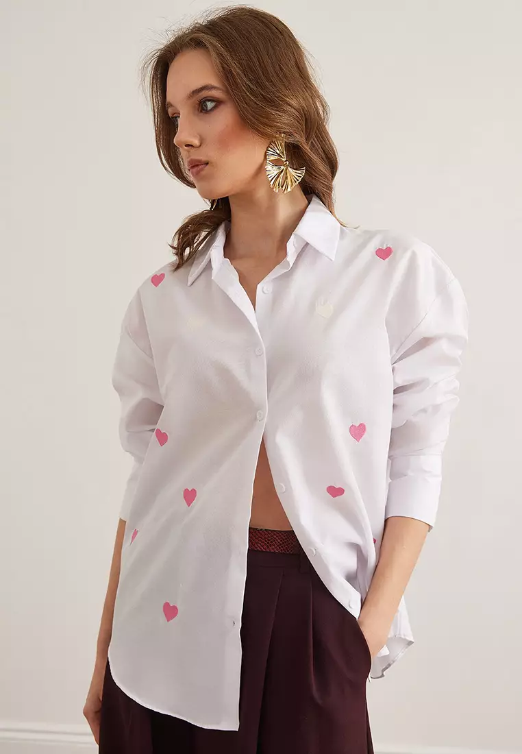 Heart Embroidery Boyfriend Shirt