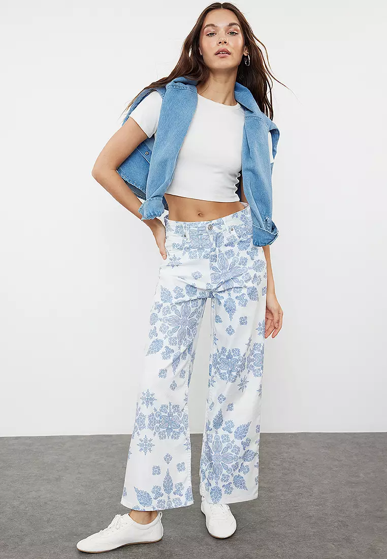 Floral Pattern High Waist Culotte Jeans